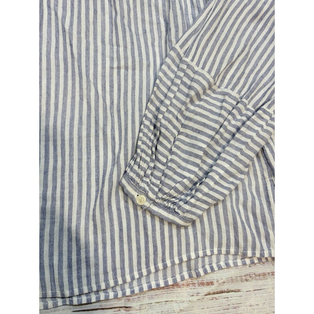 LOFT Blue White Striped Button Keyhole Round Neck Rayon Linen Blouse Size Small - Picture 2 of 12